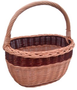 Kosz wiklinowy na zakupy, grzyby - złotówka, ciemny pas, 39 cm