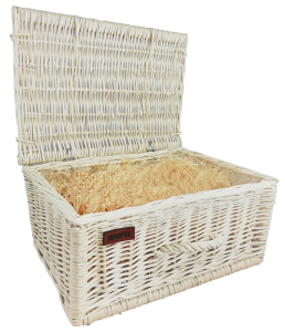 Skrzynka wiklinowa na prezent, upominek, "Szampanówka" - ecru z wełną drzewną sosnową