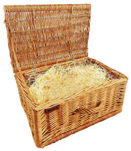 Skrzynka wiklinowa na prezent, upominek, "Szampanówka" - naturalna z wełną drzewną sosnową