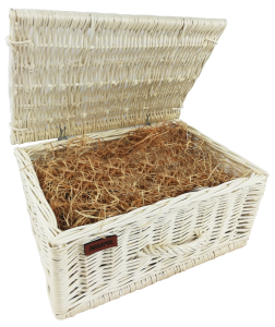 Skrzynka wiklinowa na prezent, upominek, "Szampanówka" - ecru z wełną drzewną dębową