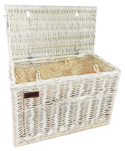 Skrzynka wiklinowa na prezent, upominek, "Z blokadą" - ecru z wełną drzewną sosnową