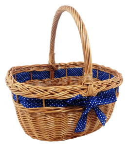 Koszyk miejski, mikołajki,  wiklinowy na zakupy, prezent, piknik, naturalny ze wstążką granatową w kropki