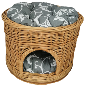 Budka wiklinowa na płycie, dla kota, naturalna + dwie poduszki szare