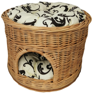 Budka wiklinowa na płycie, dla kota, naturalna + dwie poduszki ecru