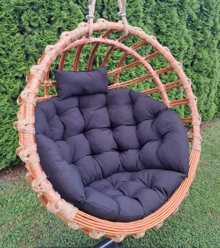 Huśtawka Wiklinowa, Fotel Wiszący Naturalny OKRĄGŁY + poduszka czarna Iwarpol Wiklinowy Market.jpg