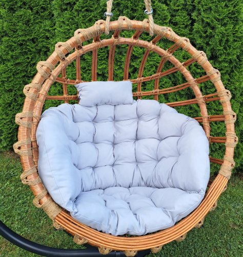 Huśtawka Wiklinowa, Fotel Wiszący Naturalny OKRĄGŁY + poduszka jasny szary IwarpolWiklinowy Market.jpg