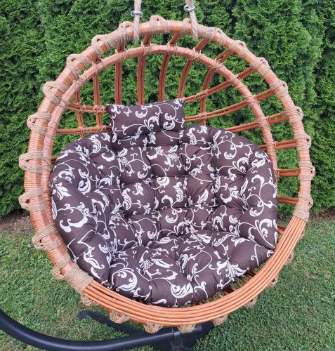 Huśtawka Wiklinowa, Fotel Wiszący Naturalny OKRĄGŁY + poduszka brązowo - biała Iwarpol Wiklinowy Market.jpg