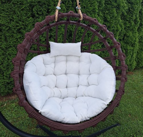 Huśtawka Wiklinowa, Fotel Wiszący Brązowy OKRĄGŁY + poduszka biała Iwarpol Wiklinowy Market.jpg