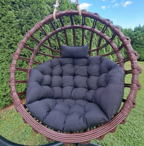 Huśtawka Wiklinowa, Fotel Wiszący Brązowy OKRĄGŁY + poduszka czrna Iwarpol Wiklinowy Market.jpg