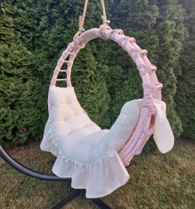 Hamak, Huśtawka wiklinowa, fotel wiszący okrągły, 120 cm Różowy + poduszka biała  (1)