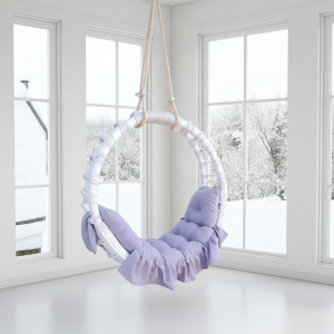 Duży Hamak, Huśtawka wiklinowa, fotel wiszący okrągły, 120 cm Biały + poduszka ciemny szary 