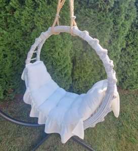 Duży Hamak, Huśtawka wiklinowa, fotel wiszący okrągły, 120 cm Biały + poduszka biała