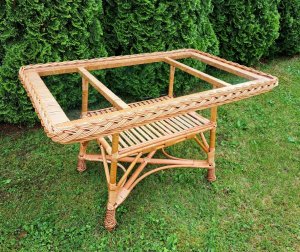 Stół wiklinowy, stolik ze szklanym blatem, prostokątny szkło 110 cm x 70 cm