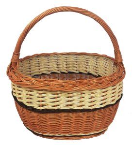 Kosz wiklinowy na zakupy, grzyby - złotówka, pas ecru, 42 cm